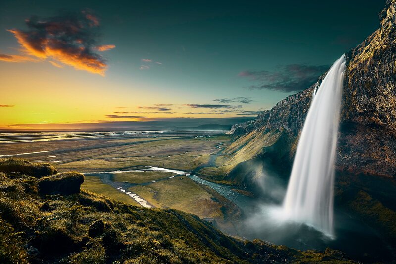 Seljalandsfoss Waterfall — Green, Dramatic, Sunset, Photograph, Cliff, River, Sky