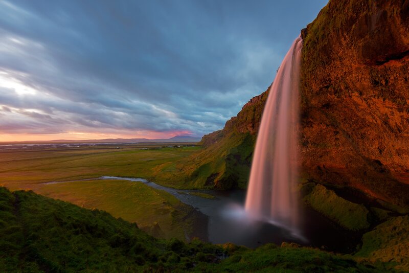 Seljalandsfoss Waterfall — Green, Dramatic, Sunset, Photograph, Cliff, River