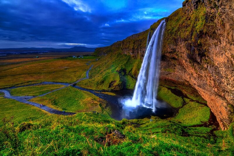 Seljalandsfoss Waterfall — Green, Dramatic, Sunset, Photograph, Cliff