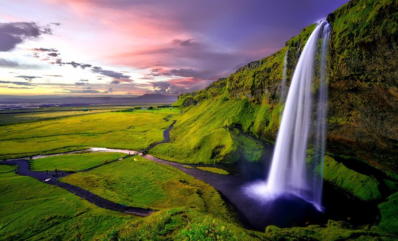 Seljalandsfoss Waterfall — Green, Dramatic, Sunset, Photograph, Green Cliffs