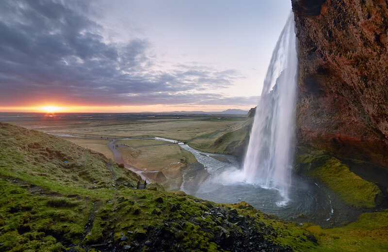 Seljalandsfoss Waterfall — Green, Dramatic, Sunset, Photograph