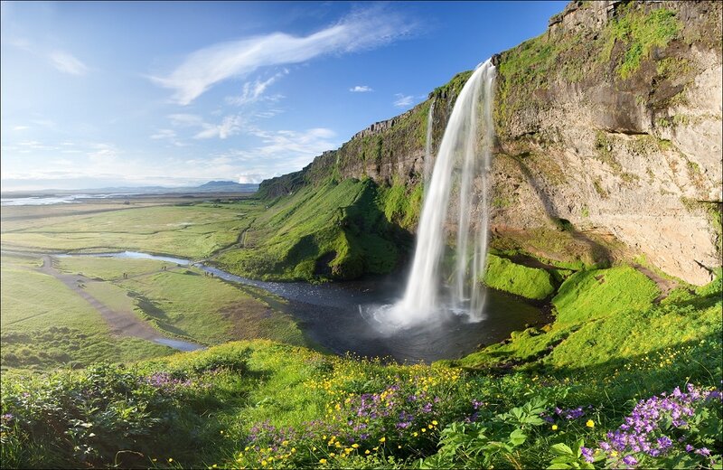 Seljalandsfoss Waterfall — Green, Serene, Afternoon, Photograph, Green Cliffs