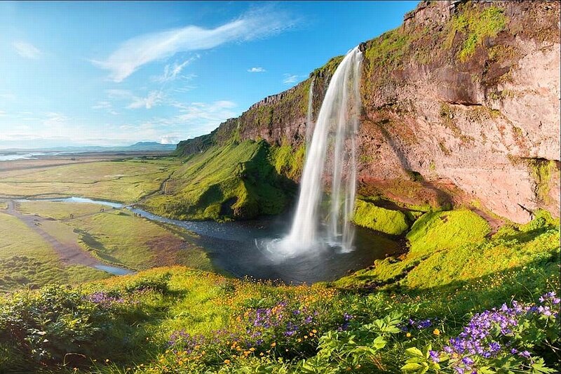 Seljalandsfoss Waterfall — Green, Serene, Afternoon, Photograph, Green Hills
