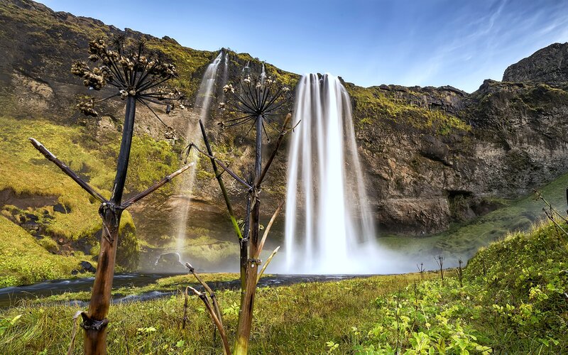 Seljalandsfoss Waterfall — Green, Serene, Afternoon, Photograph, Plants