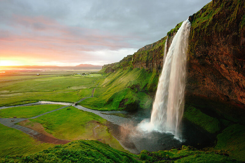 Seljalandsfoss Waterfall — Green, Serene, Sunset, Photograph