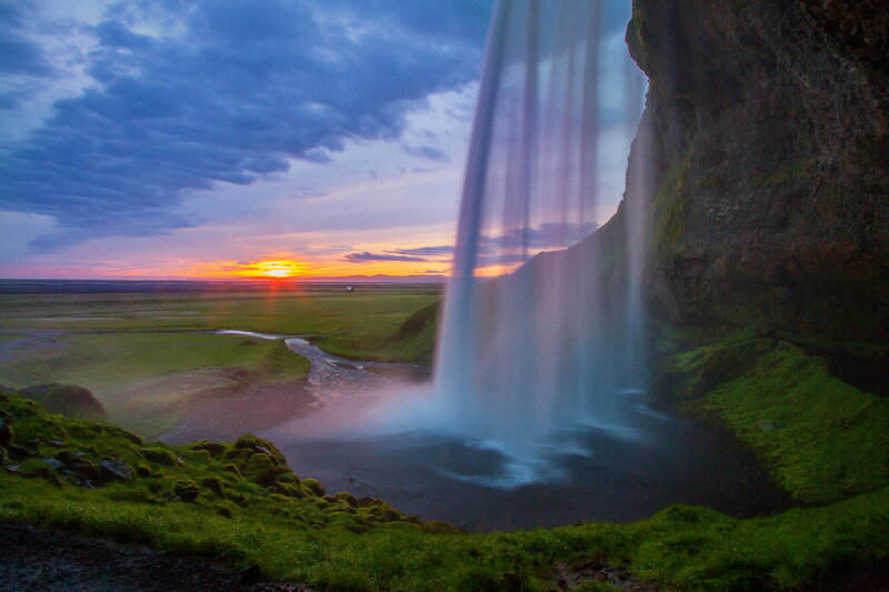Seljalandsfoss Waterfall — Green, Serene, Sunset