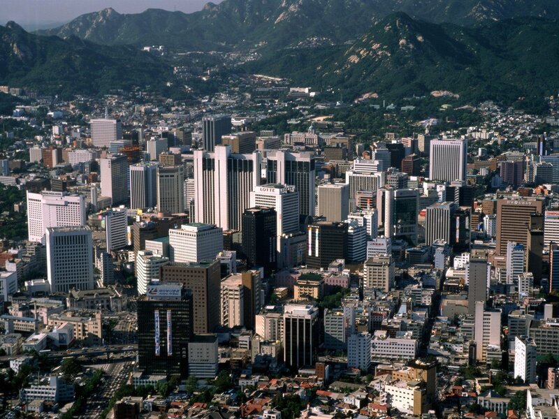 Seoul cityscape with mountains