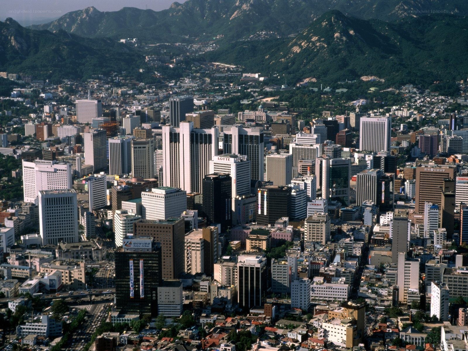 Seoul cityscape with mountains