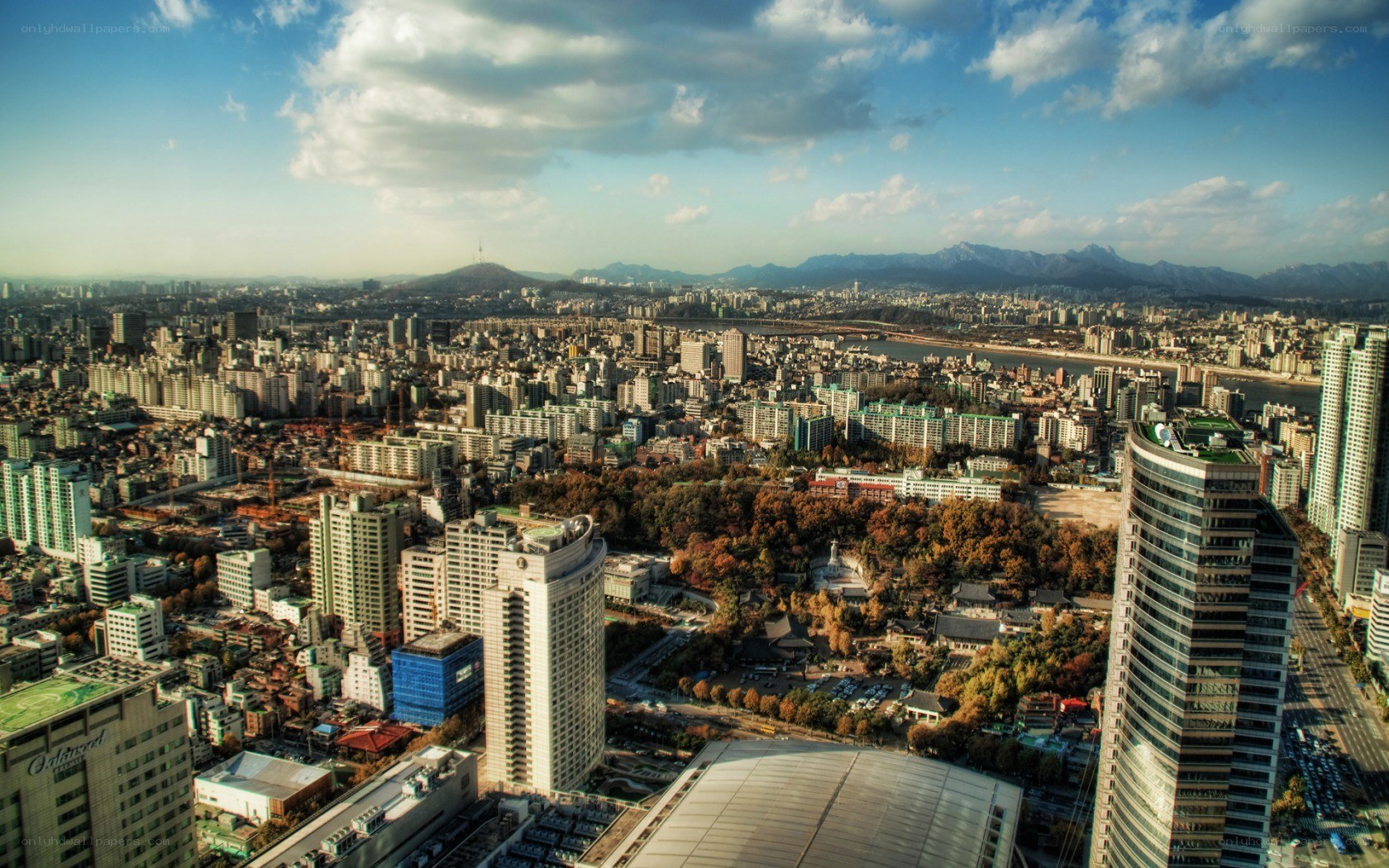 Seoul cityscape with mountains