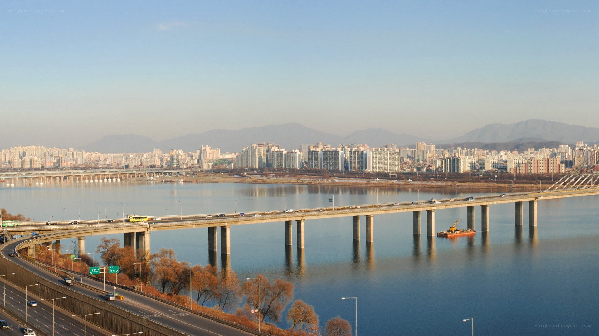 Seoul cityscape with river and bridges