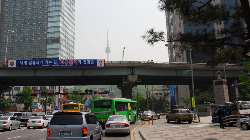 Seoul street scene with N Seoul Tower