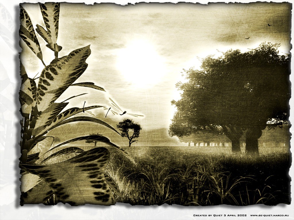 Sepia landscape with dragonflies