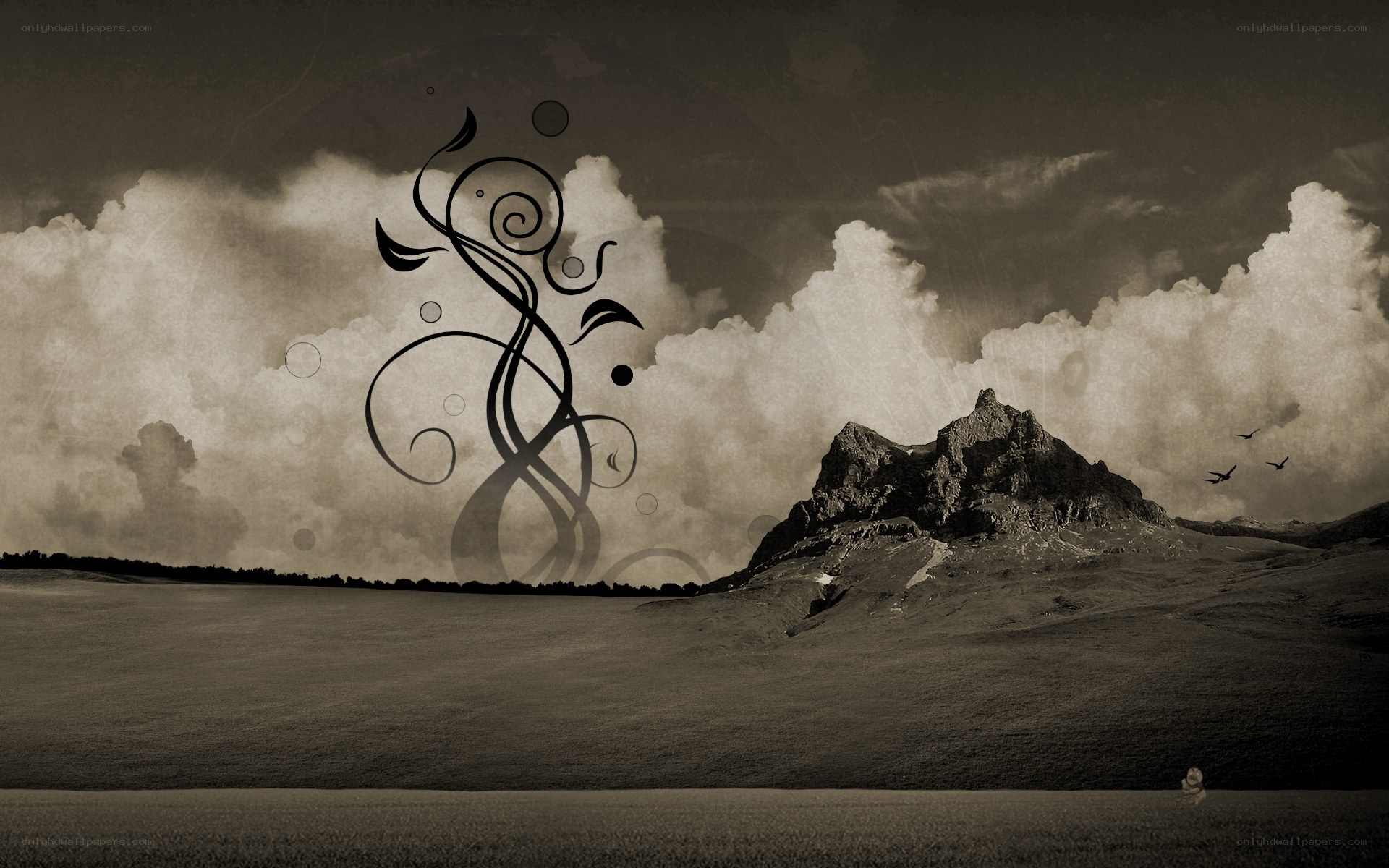 Sepia landscape with swirls