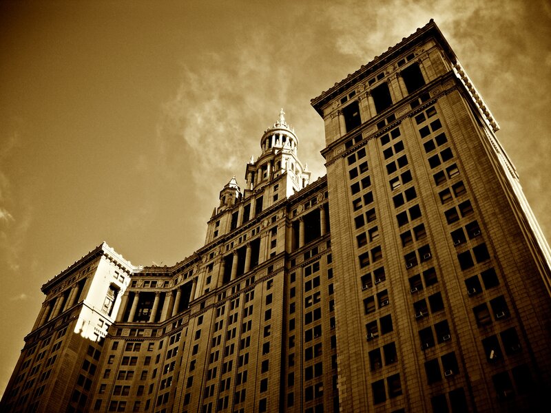 Sepia-toned skyscraper view