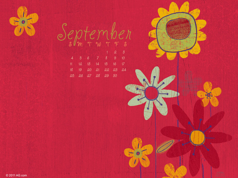 September Calendar with Flowers — Red