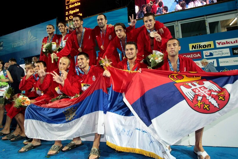 Serbian water polo team celebrates