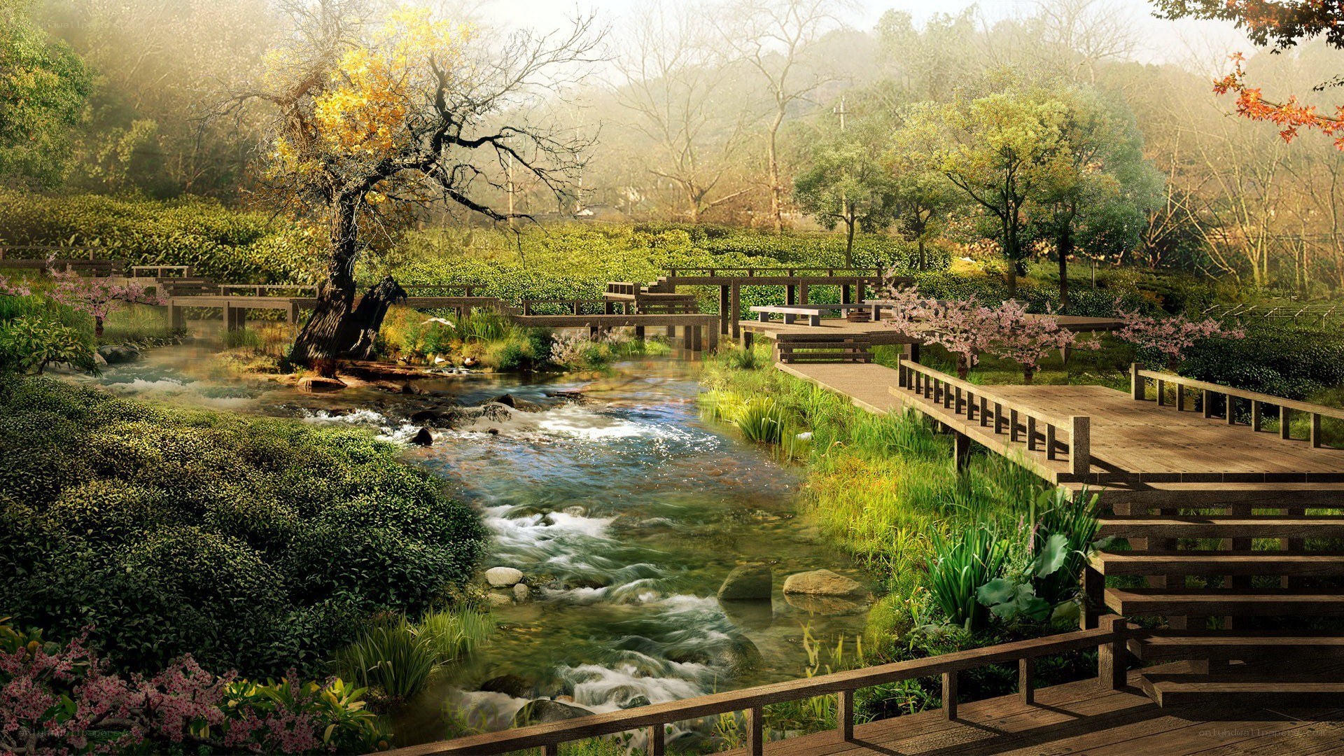 Serene garden stream landscape