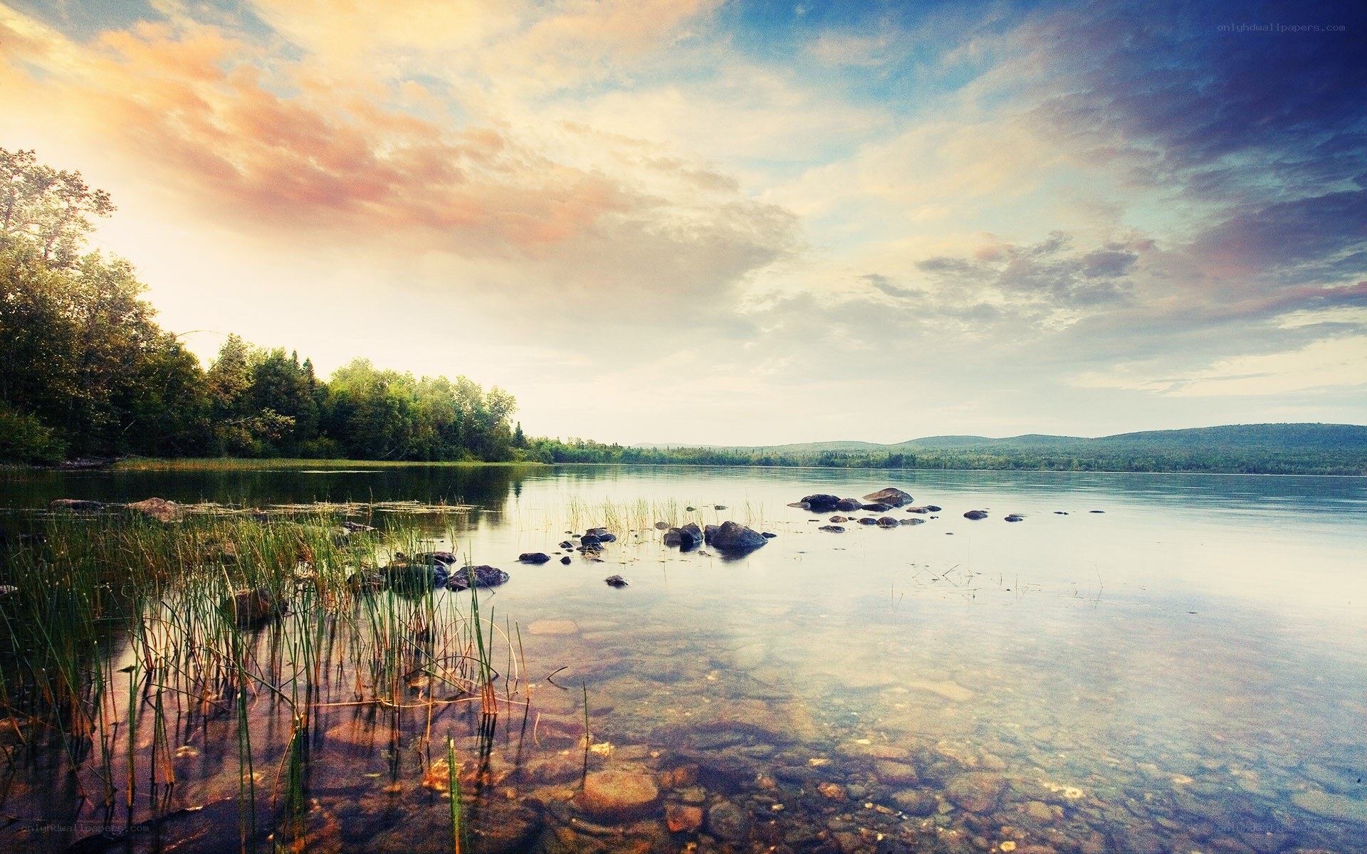 Serene lake at sunset