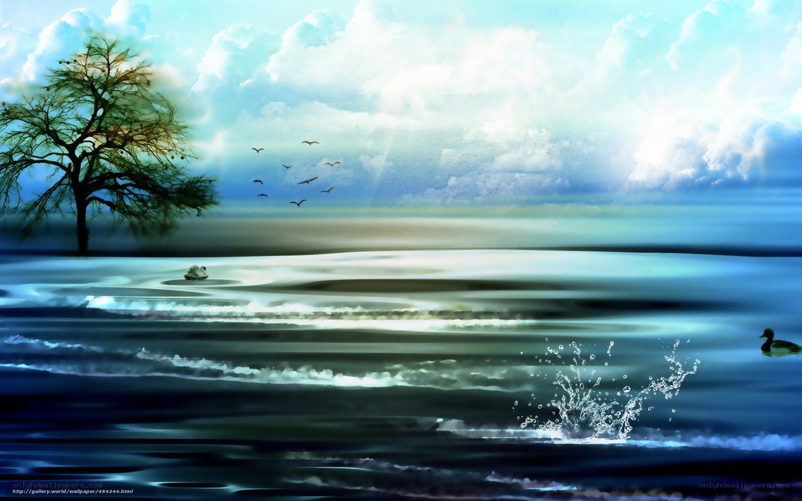 Serene lake with birds and tree