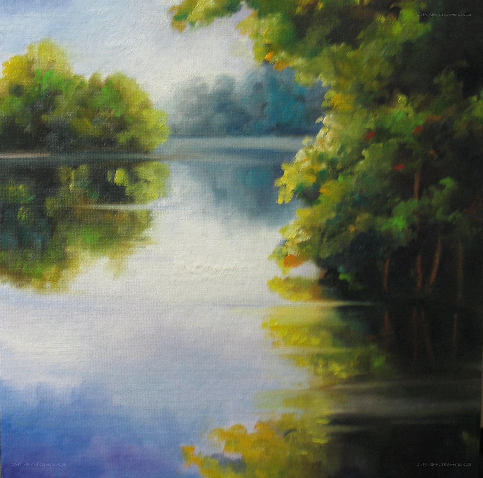 Serene lake with tree reflections