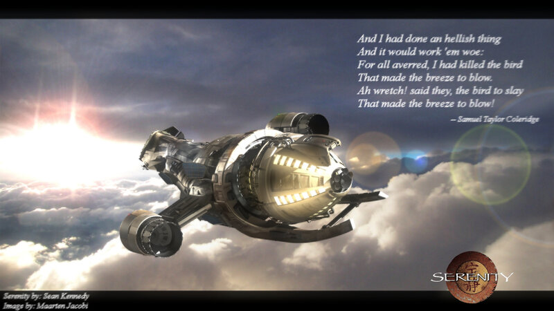 Serenity spacecraft in clouds