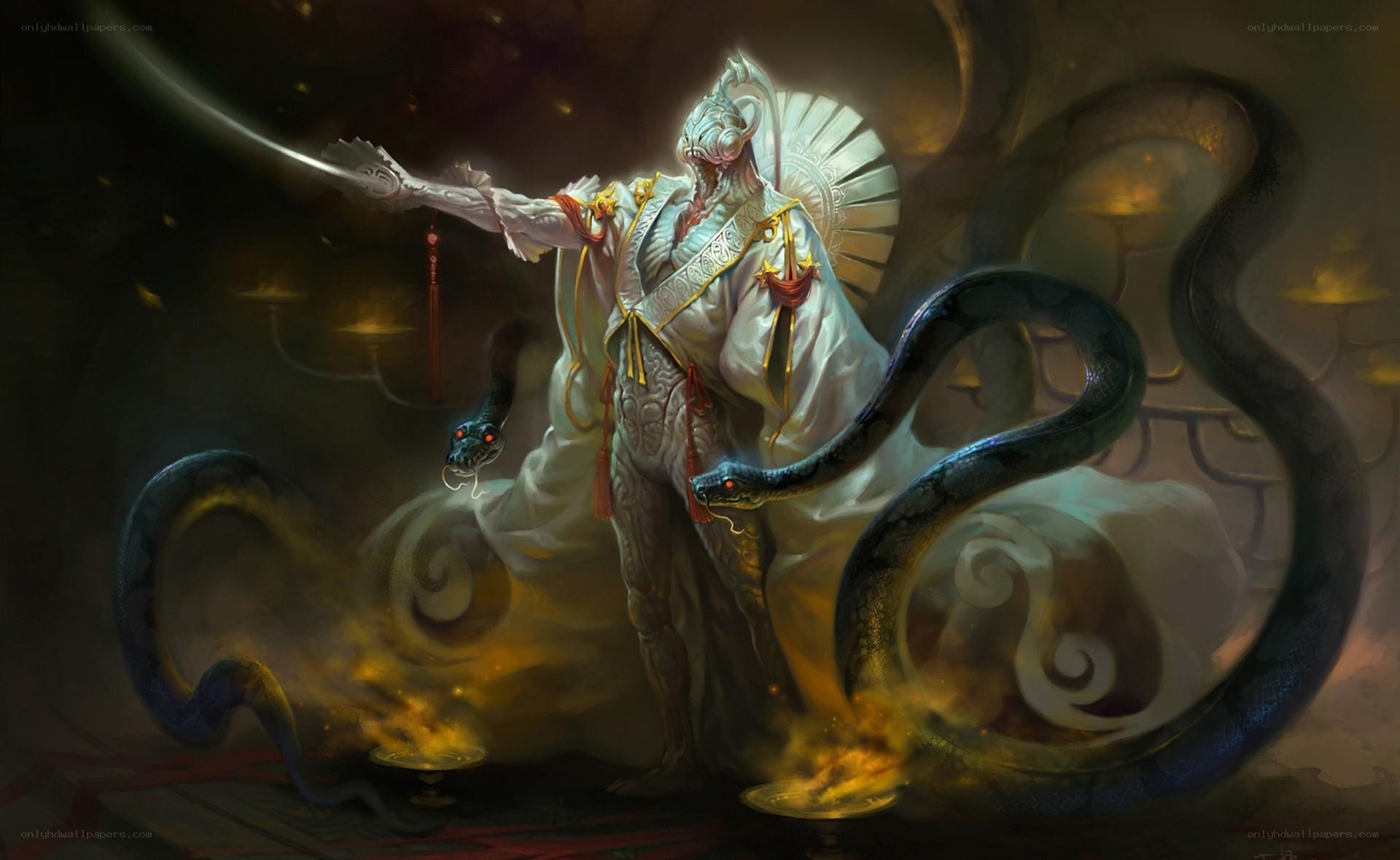 Serpent-wielding deity in white robes