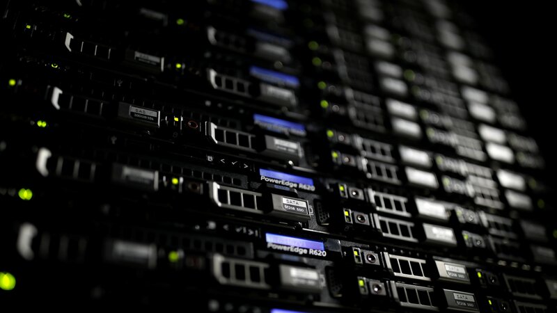 Server Rack in Data Center — Black, Dark