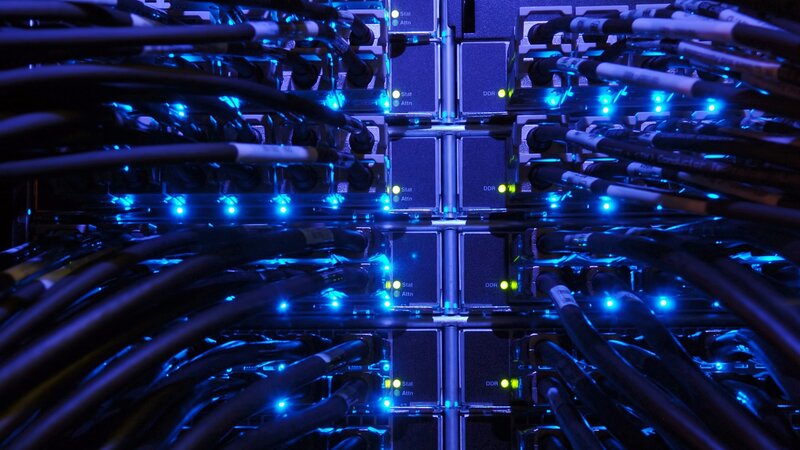 Server Rack with Cables — Blue, Technical, Photograph, Lights
