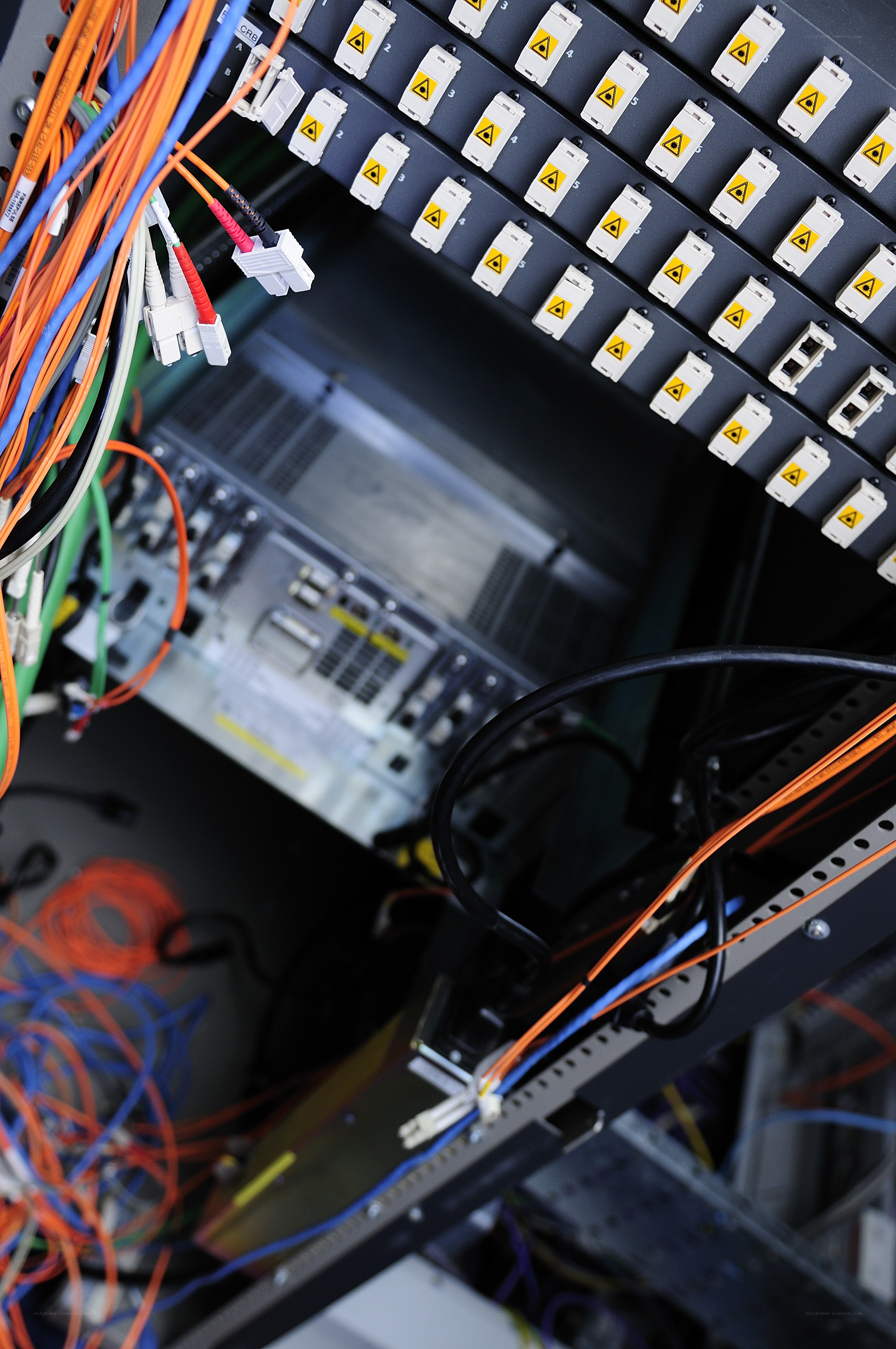 server rack with fiber optic cables