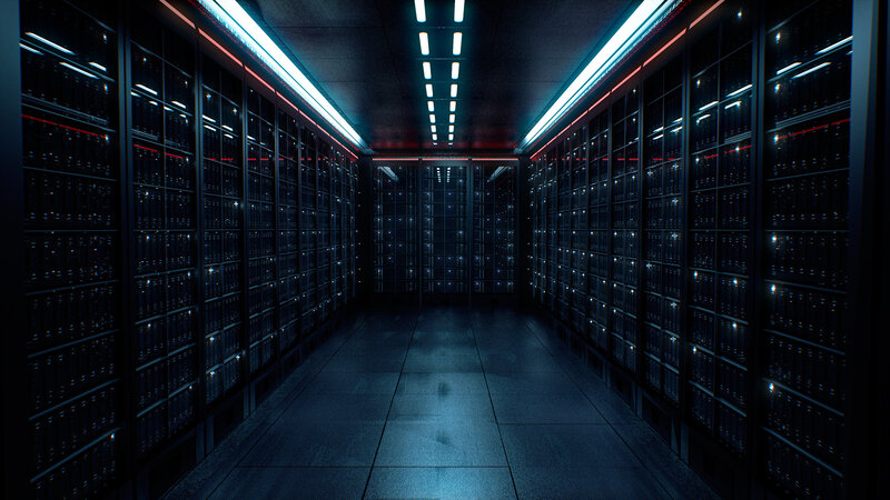 Server Racks in Data Center — Black, Dark, Night, 3d Render