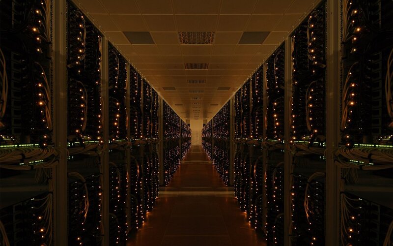 Server Racks in Data Center — Black, Dark, Night, Photograph