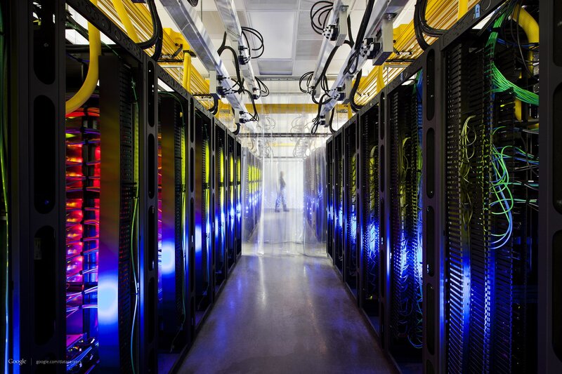 Server Racks in Data Center — Blue, Technological, Photograph, Cables, Lighting