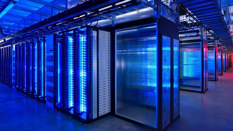 Server Racks in Data Center — Blue, Technological, Photograph, Cables, Lights, Black
