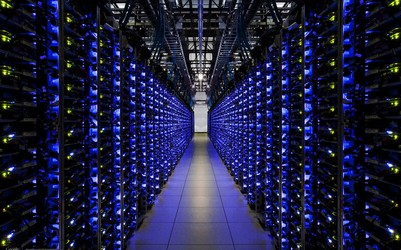 Server Racks in Data Center — Blue, Technological, Photograph, Cables, Lights