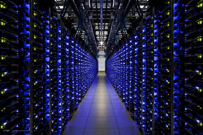 Server Racks in Data Center — Blue, Technological, Photograph, Servers, Cables, Lights