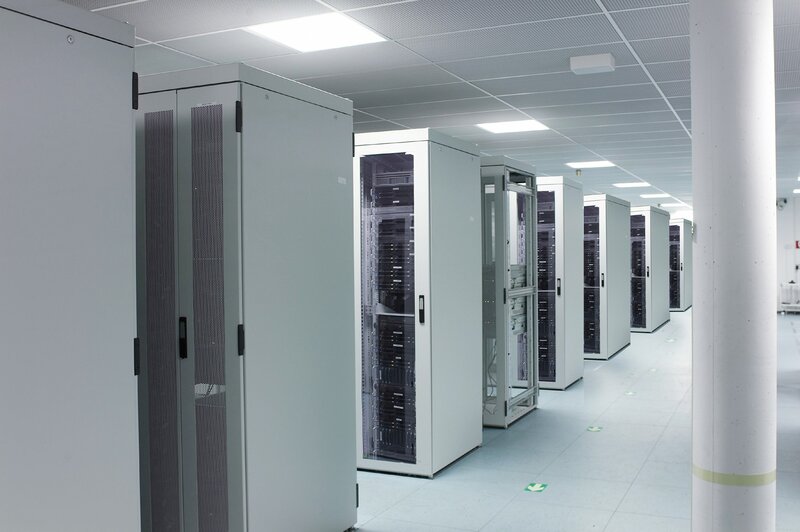 Server Racks in Data Center — White, Neutral, Photograph, Ceiling Lights