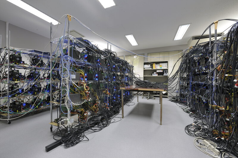 server racks with tangled cables