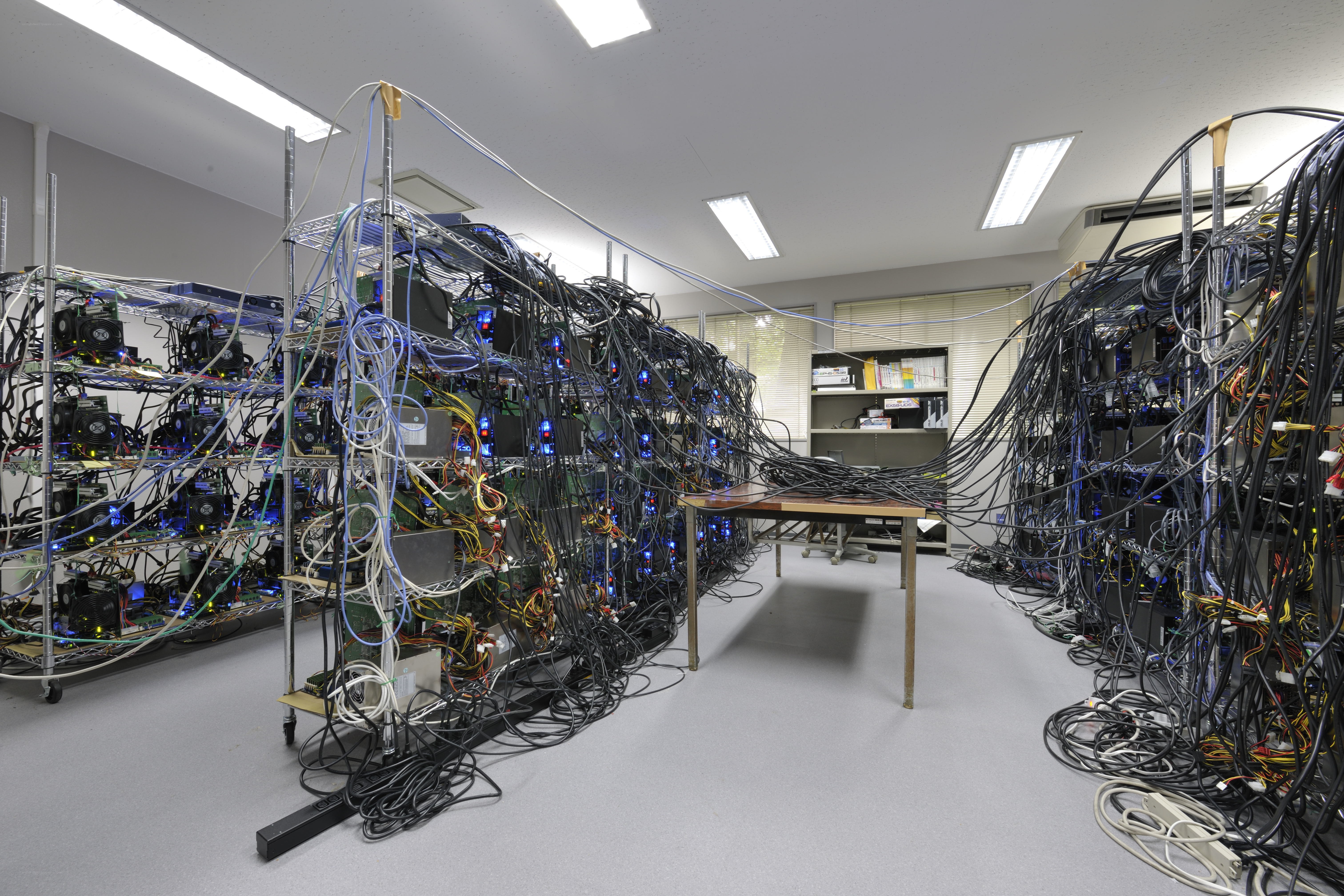 server racks with tangled cables