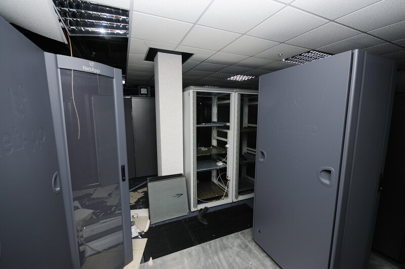 Server room with damaged equipment