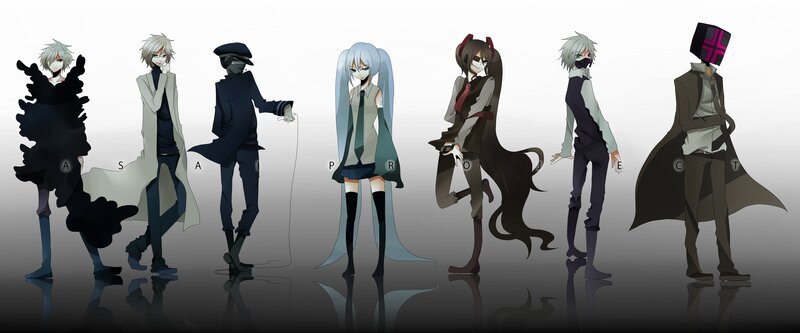 Seven Anime Characters — Black, Dramatic, Digital Art, Masks