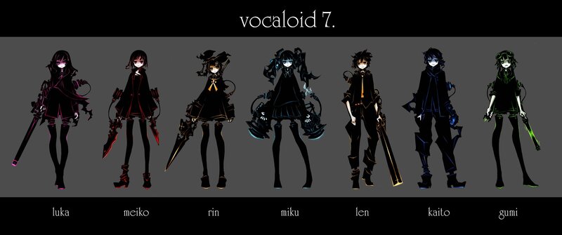 Seven Anime Characters — Black, Dramatic, Digital Art