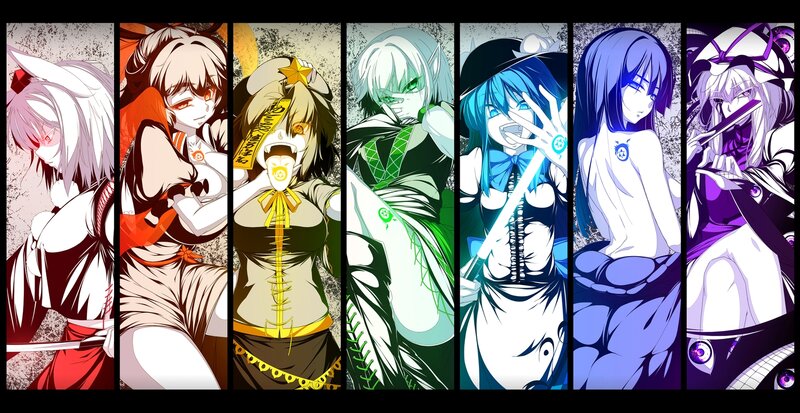 Seven Anime Characters — Blue, Dramatic, Digital Art