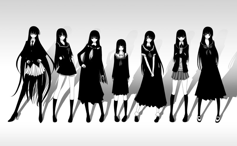 Seven Anime Girls in School Uniforms — Black, Dramatic