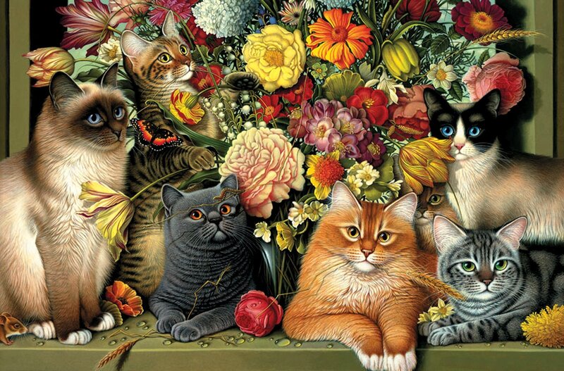 Seven Cats with Flowers