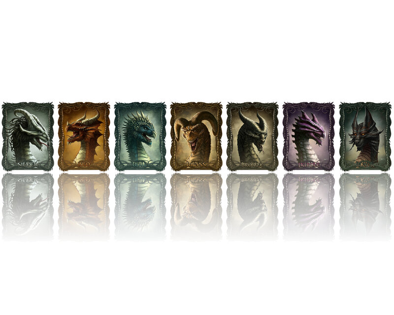 Seven colored dragons in frames