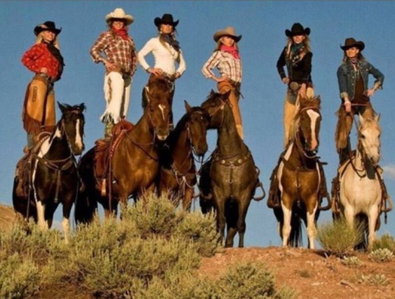 Seven Cowgirls on Horses — Blue, Dramatic