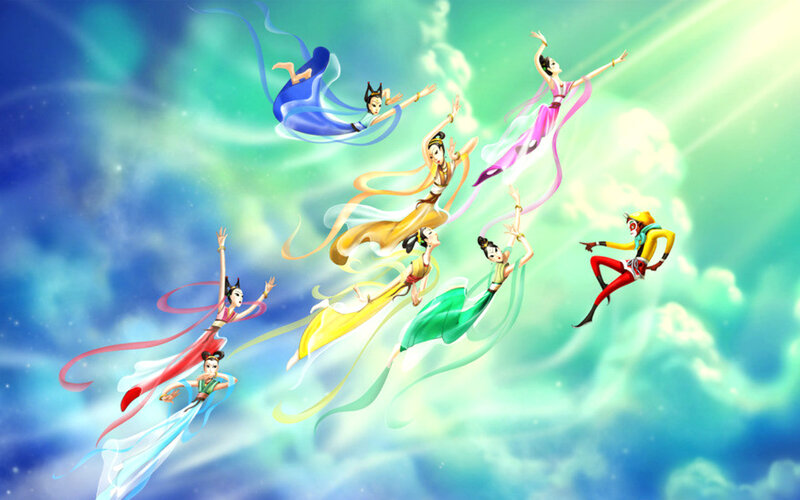 Seven Figures Flying in Sky