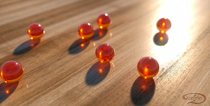Seven Red Spheres on Wood