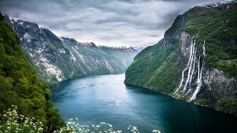 Seven Sisters Waterfall — Green, Dramatic, Photograph, Fjord