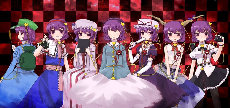 Seven Touhou characters in various outfits